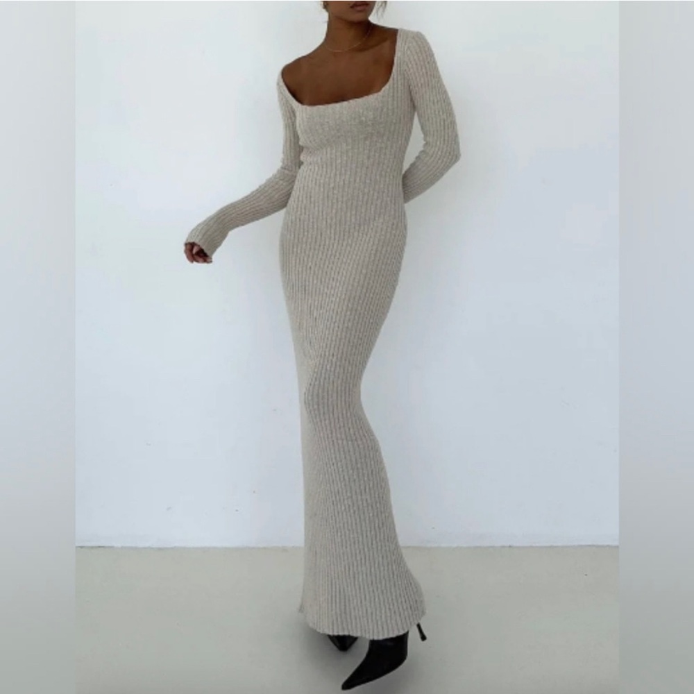 Rumored Elegant Cream Knit Maxi Dress